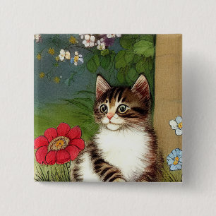 Vintage Cat Illustration with Spring Flowers 15 Cm Square Badge