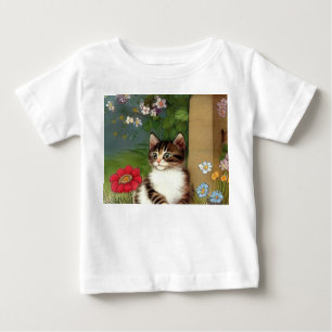 Vintage Cat Illustration with Spring Flowers Baby T-Shirt