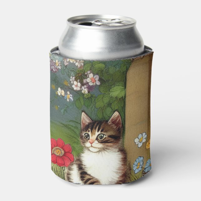 Vintage Cat Illustration with Spring Flowers Can Cooler (Can Front)