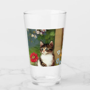Vintage Cat Illustration with Spring Flowers Glass