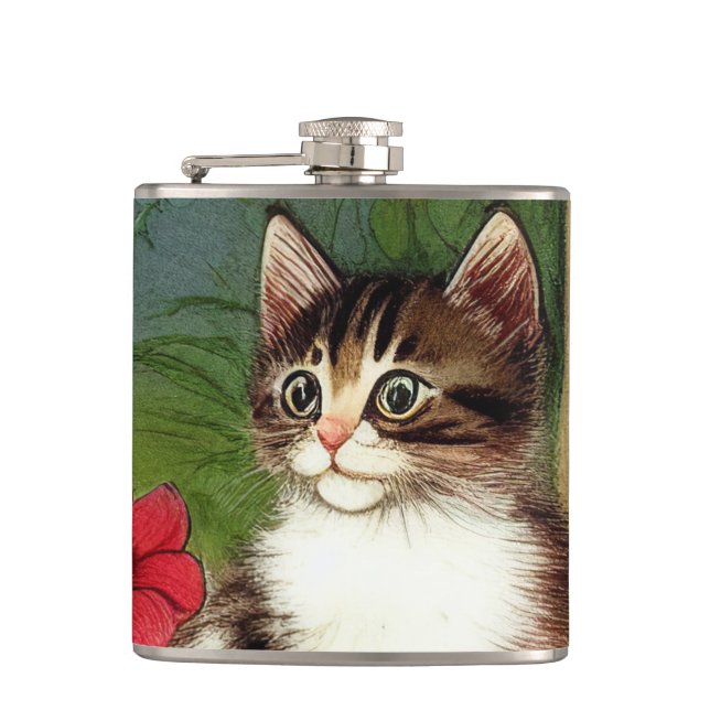 Vintage Cat Illustration with Spring Flowers Hip Flask (Front)