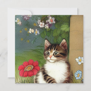 Vintage Cat Illustration with Spring Flowers Invitation