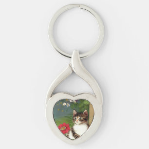 Vintage Cat Illustration with Spring Flowers Key Ring