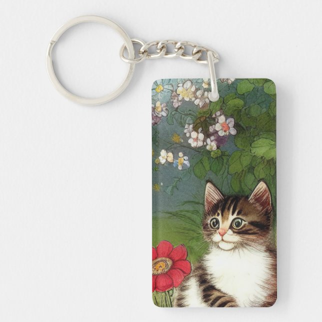 Vintage Cat Illustration with Spring Flowers Key Ring (Front)