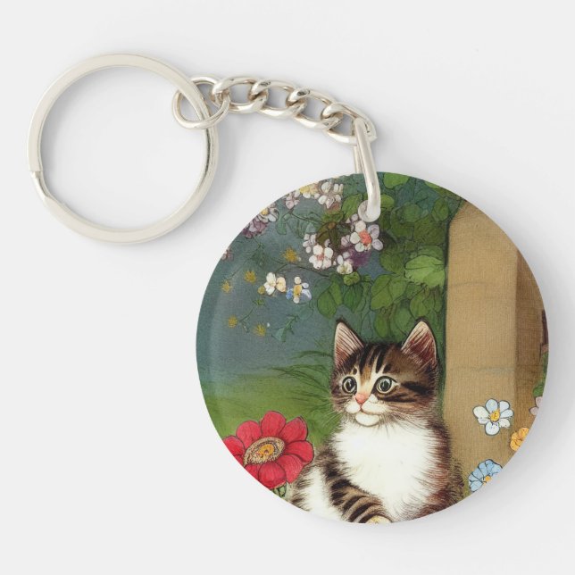 Vintage Cat Illustration with Spring Flowers Key Ring (Front)