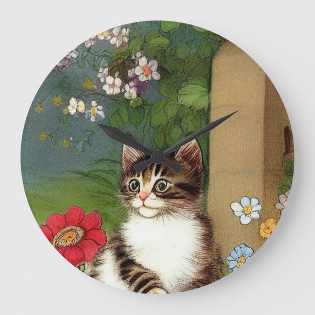 Vintage Cat Illustration with Spring Flowers Large Clock (Front)