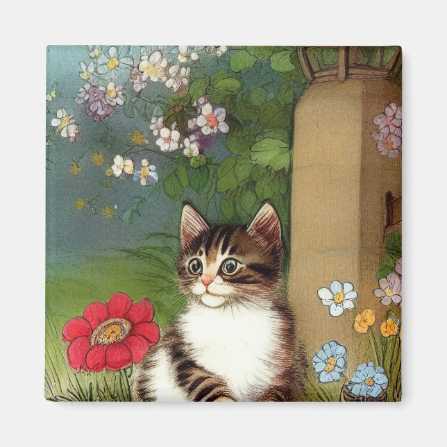 Vintage Cat Illustration with Spring Flowers Magnet (Front)