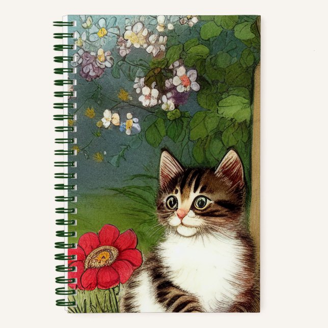 Vintage Cat Illustration with Spring Flowers Notebook (Front)