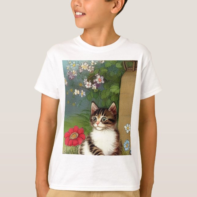 Vintage Cat Illustration with Spring Flowers T-Shirt (Front)