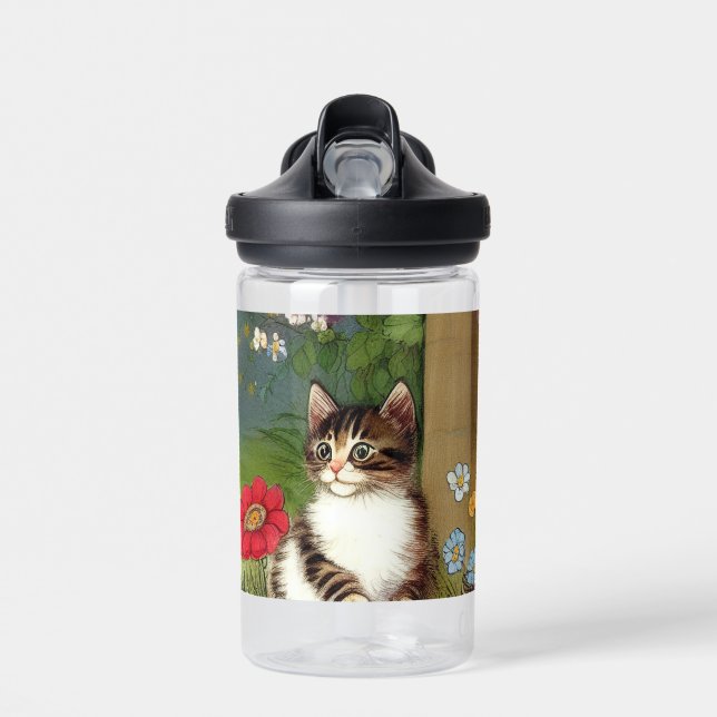 Vintage Cat Illustration with Spring Flowers Water Bottle (Front)