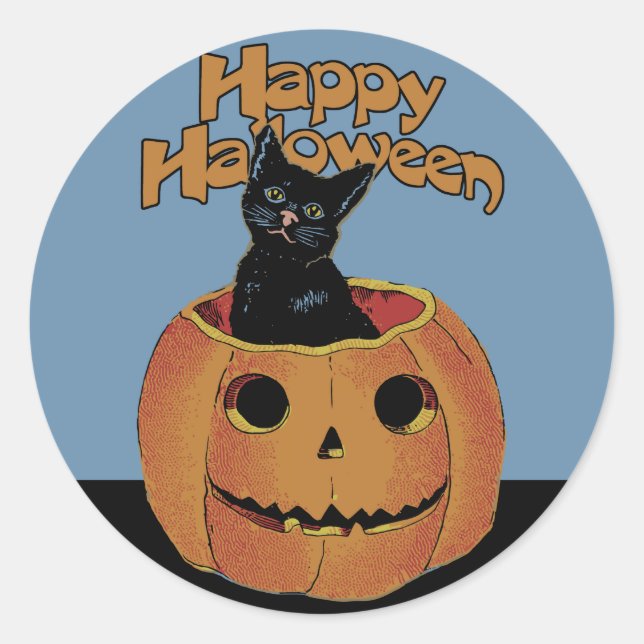 Vintage Cat in Jack'o'Lantern Classic Round Sticker (Front)