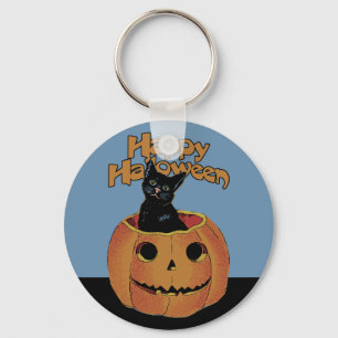 Vintage Cat in Jack'o'Lantern Key Ring