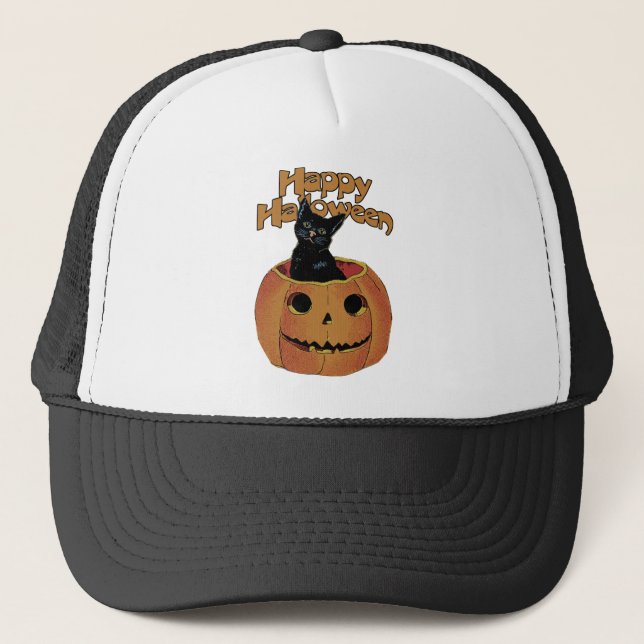 Vintage Cat in Jack'o'Lantern Trucker Hat (Front)