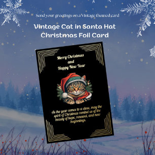 Vintage Cat in Santa Hat Christmas Foil Card
