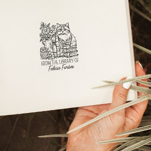 Vintage Cat Library Book Rubber Stamp