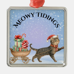 Vintage Cat-"Meowy Tidings", Pulling Wagon Metal Ornament