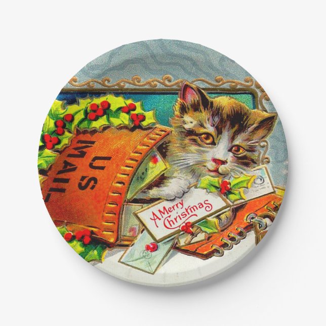 Vintage Cat Merry Christmas  Paper Plate (Front)