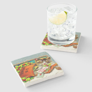 Vintage Cat Merry Christmas  Stone Coaster