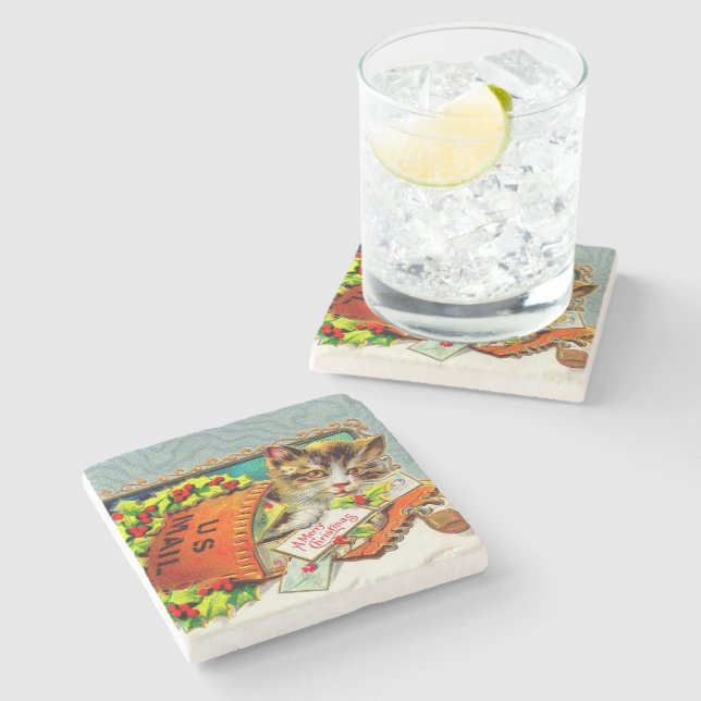 Vintage Cat Merry Christmas  Stone Coaster (Side)