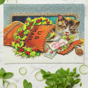 Vintage Cat Merry Christmas Tea Towel