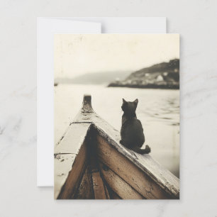 Vintage Cat on Boat Sepia Tone Postcard