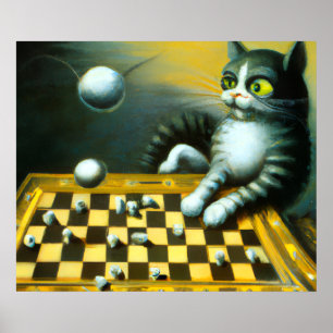 VINTAGE CAT PLAYING CHESS WHIMSICAL DECOR