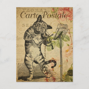 Vintage Cat Playing Fiddle Pink Roses French Postcard