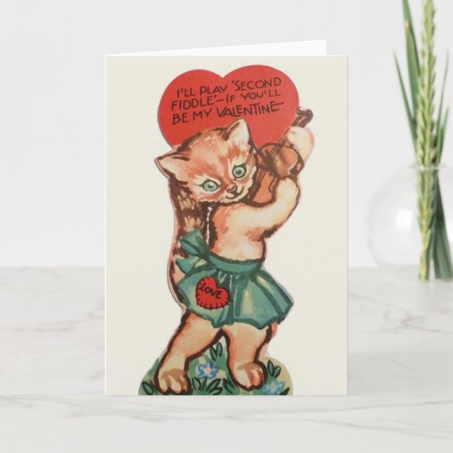 Vintage Cat Playing Fiddle Valentine's Day Card (Front)