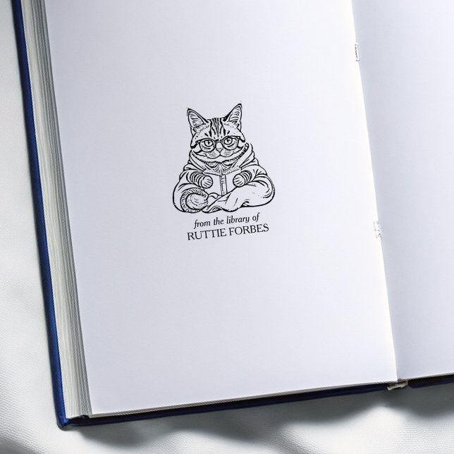 Vintage Cat Reading Bookplate Rubber Stamp (Creator Uploaded)