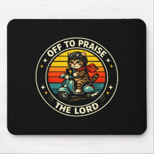 Vintage Cat Riding Scooter Off to Praise The Lord Mouse Pad