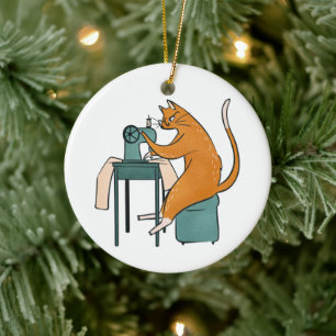 Vintage Cat Sewing Ceramic Ornament
