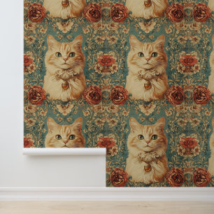Vintage Cat Wallpaper with Floral Ancient Style 