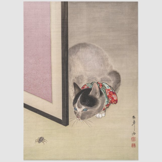 Vintage Cat Watching a Spider Decoupage  Tissue Paper (Front)