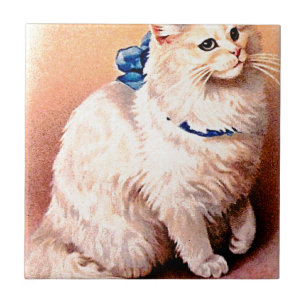 Vintage Cat with Blue Bow Ceramic Tile