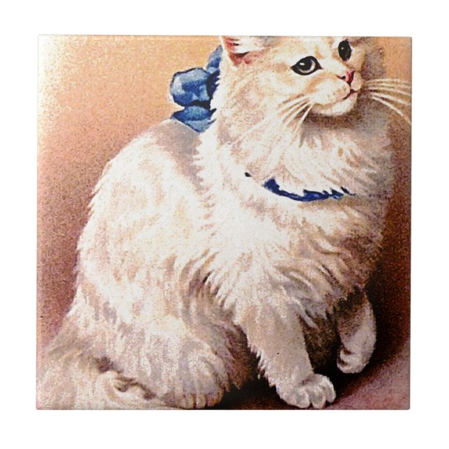 Vintage Cat with Blue Bow Ceramic Tile (Front)