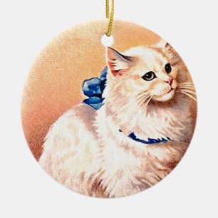 Vintage Cat with Blue Bow Ceramic Tree Decoration