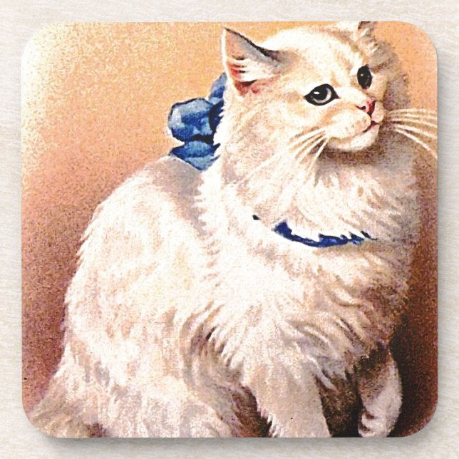 Vintage Cat with Blue Bow Coaster (Front)