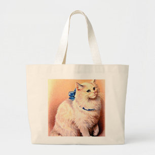Vintage Cat with Blue Bow Large Tote Bag