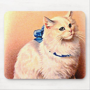 Vintage Cat with Blue Bow Mouse Pad