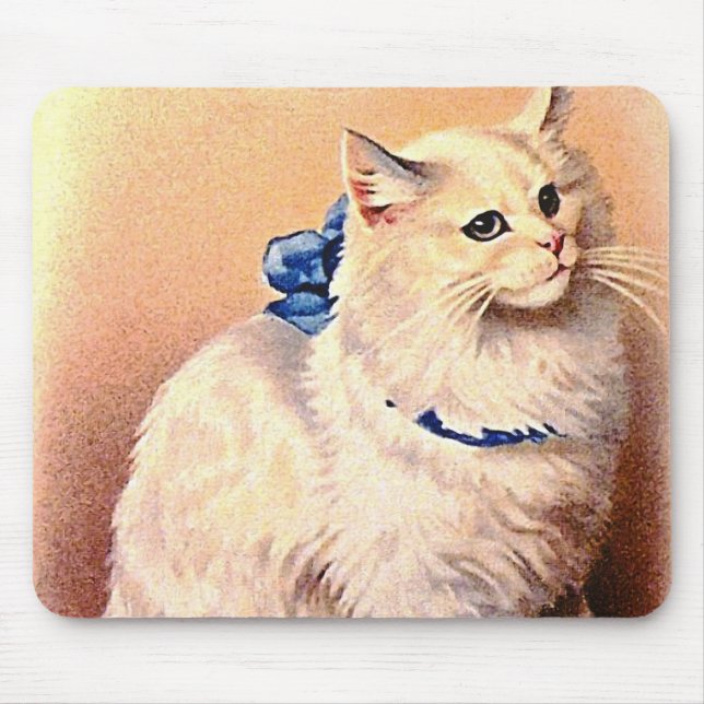 Vintage Cat with Blue Bow Mouse Pad (Front)