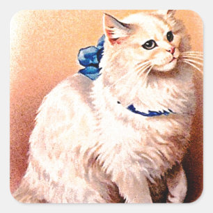Vintage Cat with Blue Bow Square Sticker