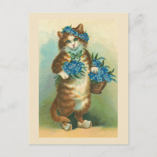 "Vintage Cat with Forget-me-nots" Postcard