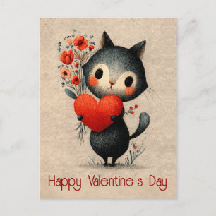 Vintage Cat With Heart Valentine's Day Postcard