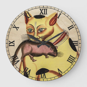 Vintage Cat with Rat Indian Art Large Clock