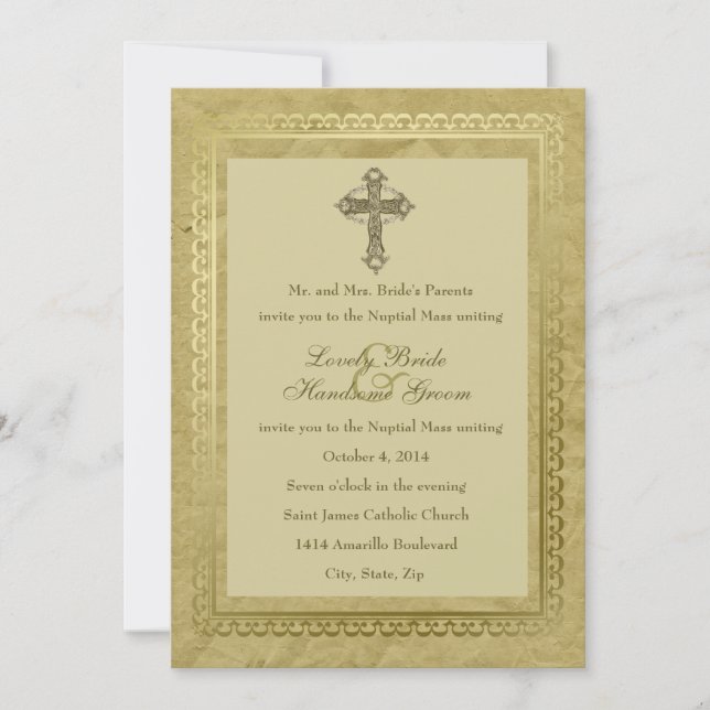 Vintage Catholic Cross Wedding Invitation Green (Front)