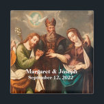 Vintage Catholic Personalised Wedding Favours Magnet<br><div class="desc">Vintage Catholic Wedding design features a reproduction of the painting, "The Marriage of the Virgin" by Pedro Ramírez, painted in1688 as background to the names of the newlywed couple and the date of their wedding in an elegant white lettering. A great idea for wedding or shower favours. Designed to coordinate...</div>