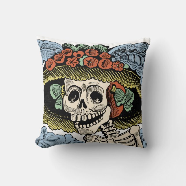 Vintage Catrina Day of the Dead Skeleton Cushion (Front)