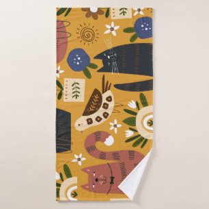 Vintage Cats and Birds, Hand Drawn. Bath Towel