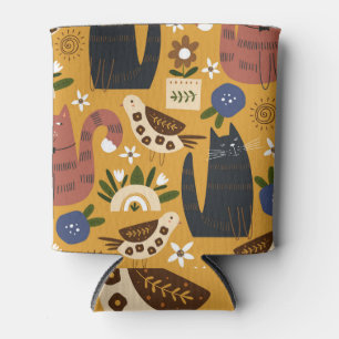 Vintage Cats and Birds, Hand Drawn. Can Cooler