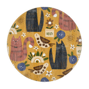 Vintage Cats and Birds, Hand Drawn. Cutting Board